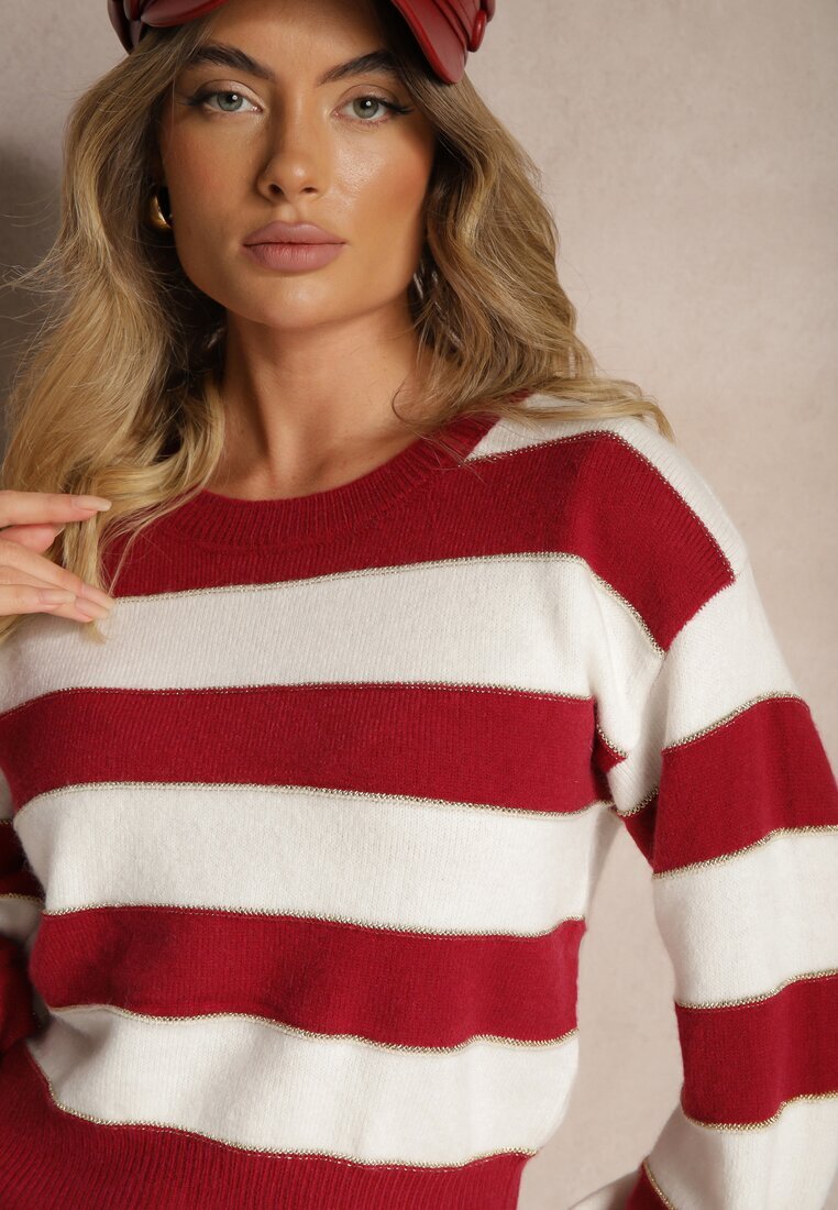 j&x Pulover Alb-Bordo cu dungi orizontale cu cusături de fir metalic Zinfarra