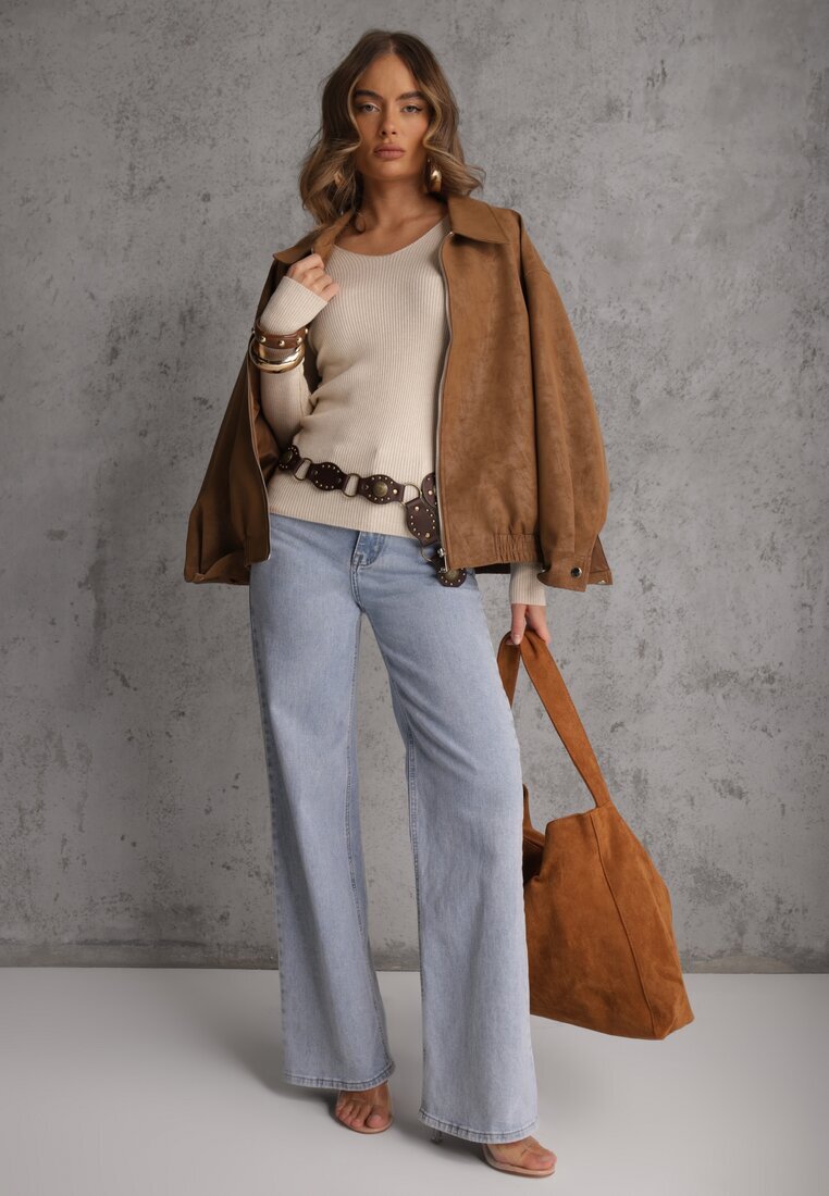 j&x Pulover Bej deschis cu bumbac din tricot reiat Reisaria