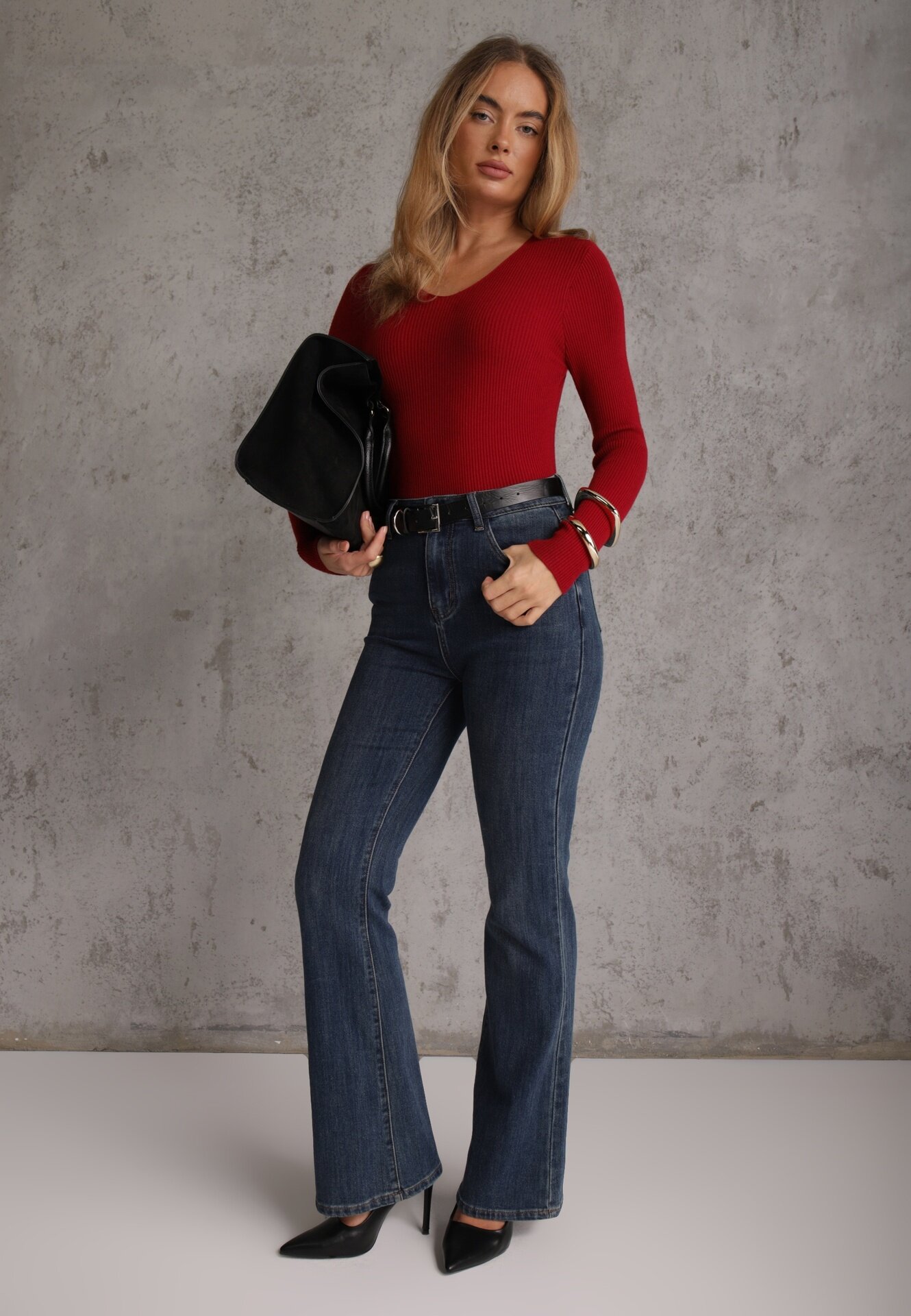 j&x Pulover Bordo din bumbac cu tricot reiat Reisaria