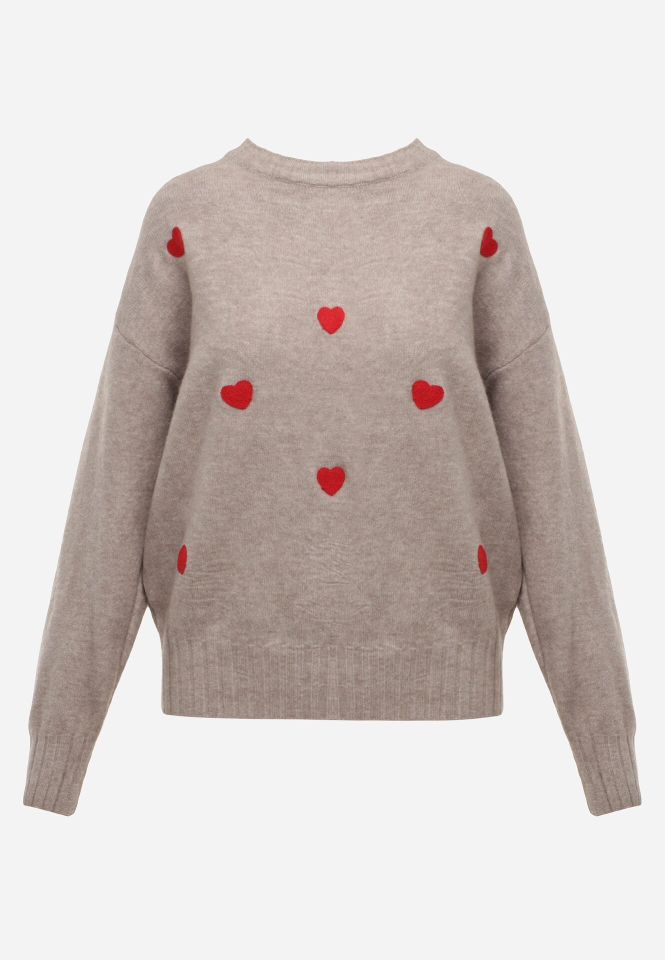 j&x Pulover casual cu lână și bumbac cu broderii de inimioare în față Veroni Bej