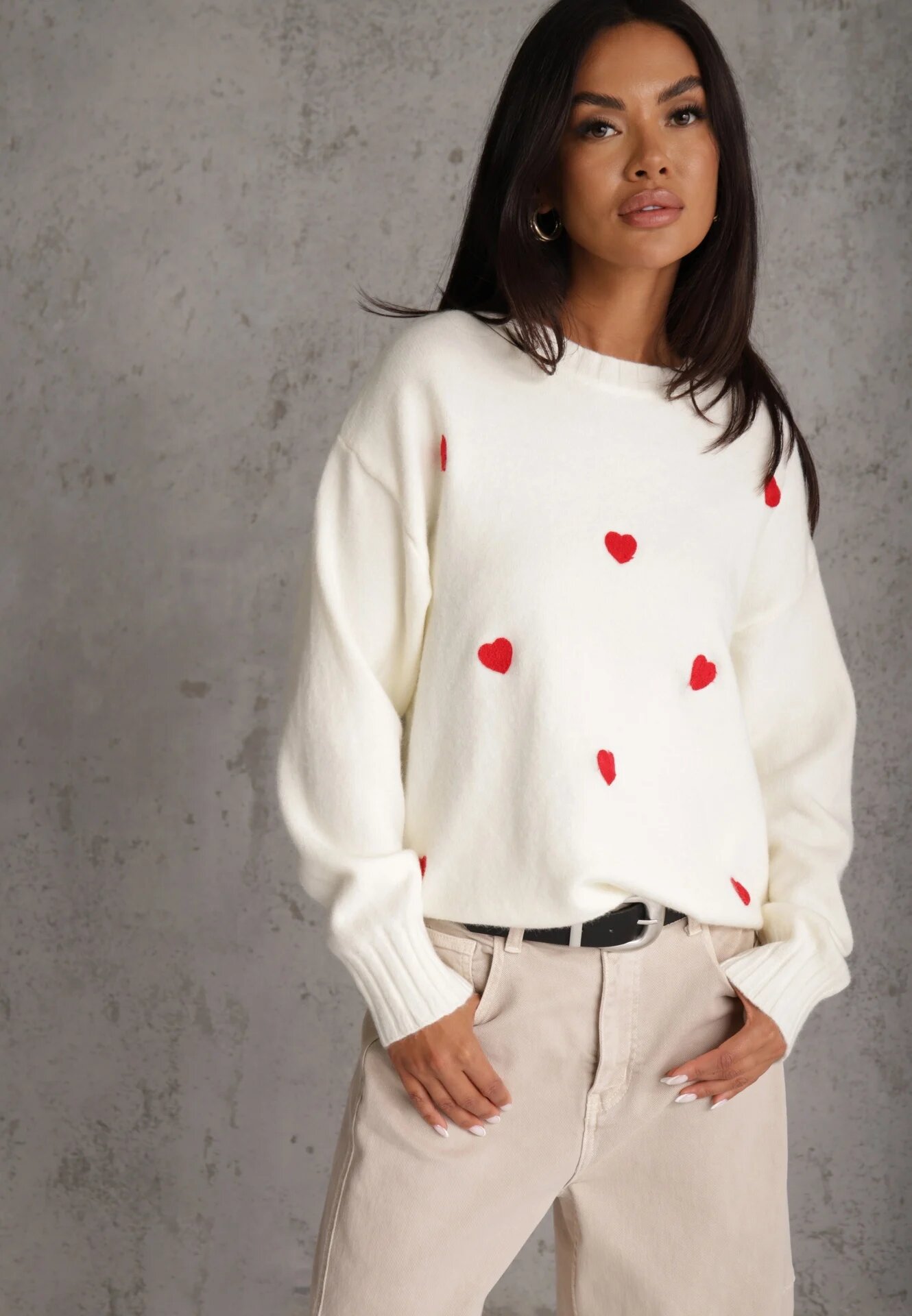 j&x Pulover casual cu lână și bumbac cu broderii de inimioare în față Veroni Bej deschis