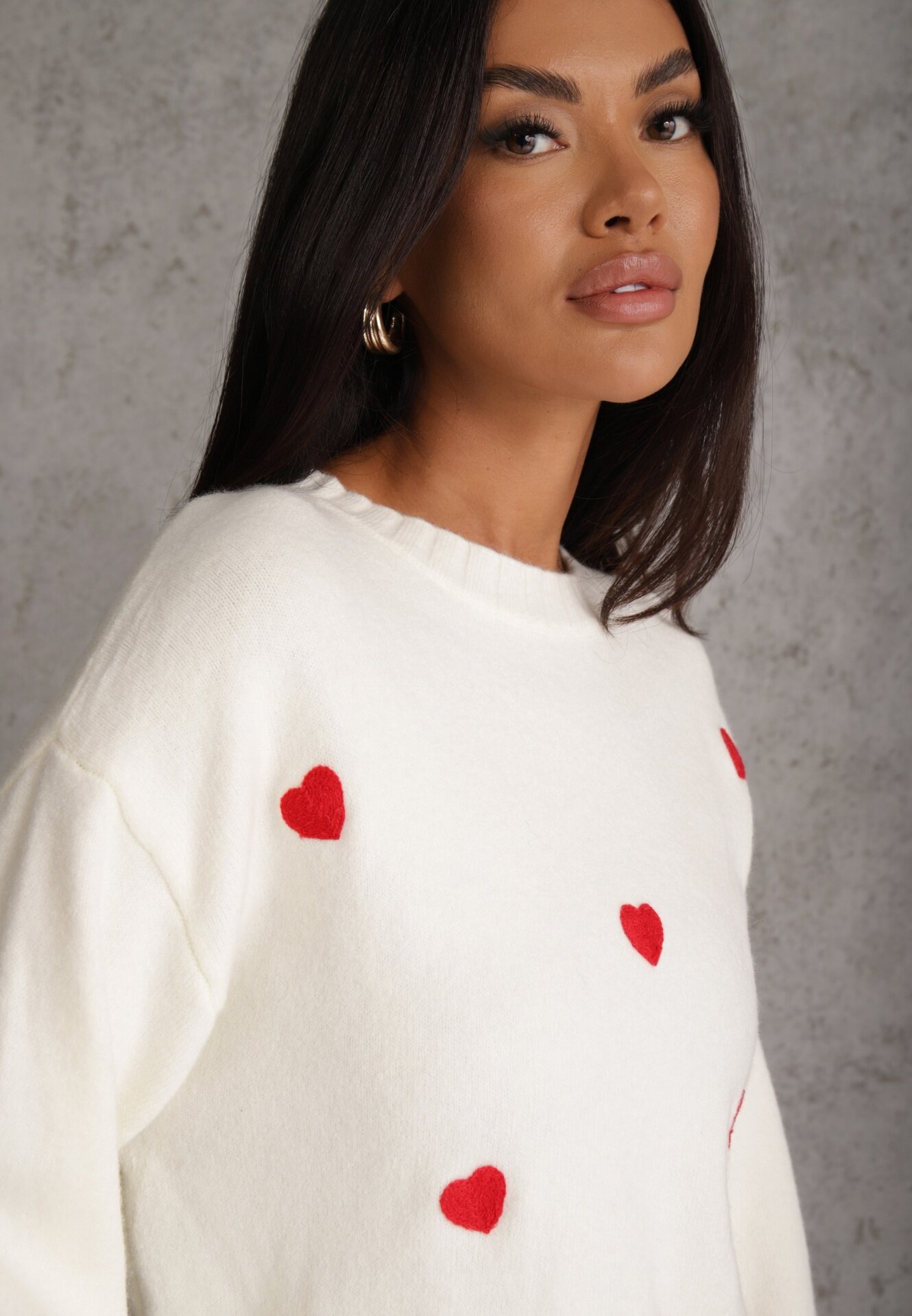 j&x Pulover casual cu lână și bumbac cu broderii de inimioare în față Veroni Bej deschis