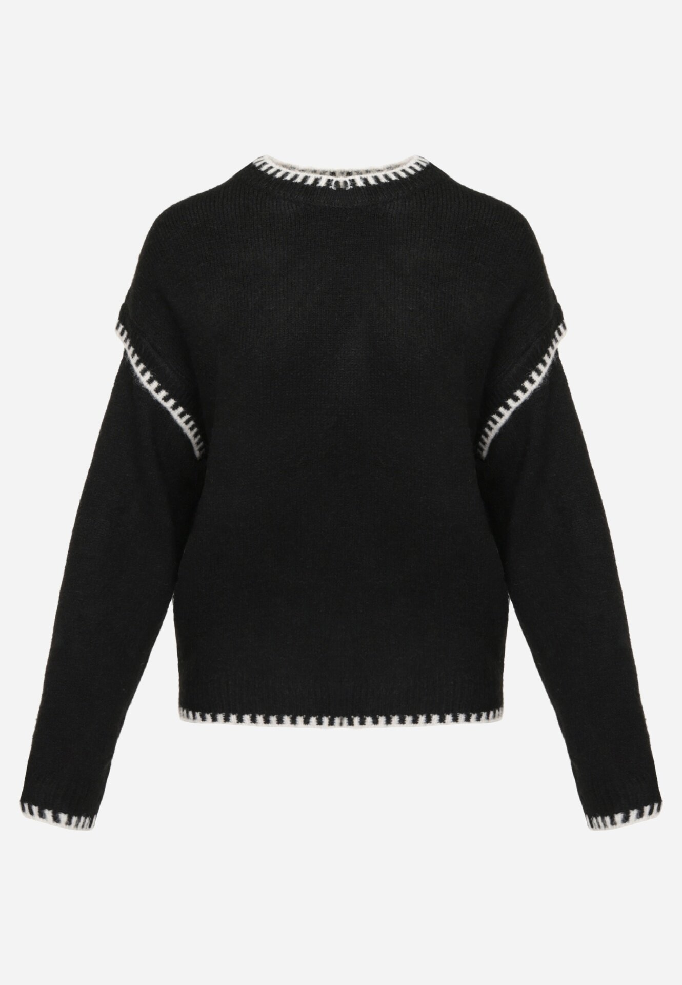 j&x Pulover cu bumbac și lână decorat cu cusături pe margini Lavail Negru