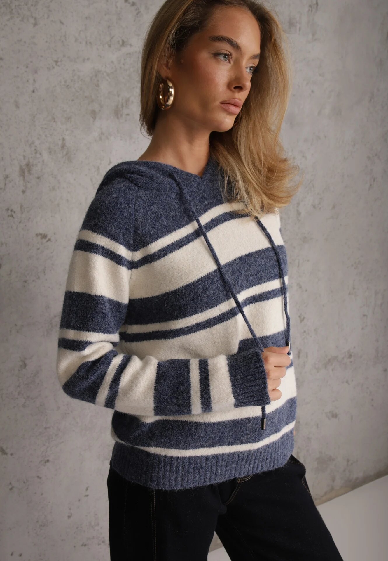 j&x Pulover cu glugă din tricot cu lână și bumbac Edelmi Albastru