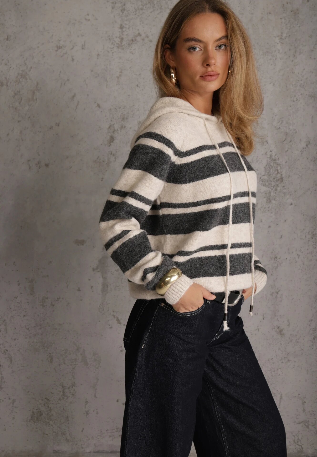 j&x Pulover cu glugă din tricot cu lână și bumbac Edelmi Bej