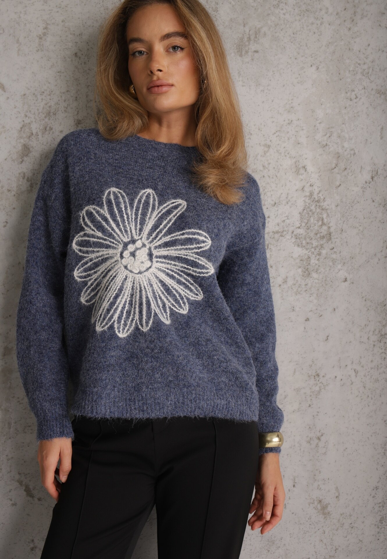 j&x Pulover cu lână bumbac și broderie florală Adetna Bleumarin