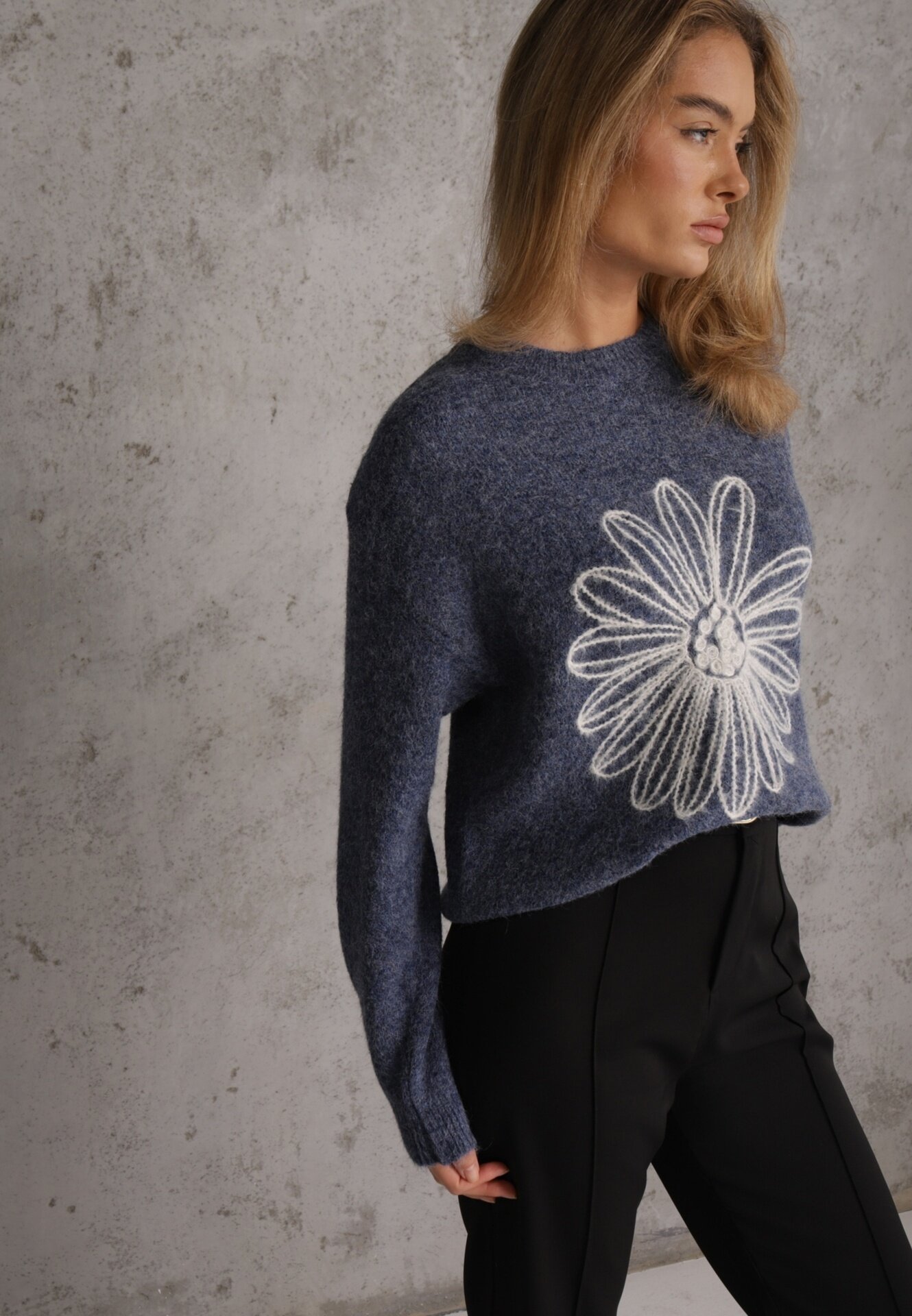 j&x Pulover cu lână bumbac și broderie florală Adetna Bleumarin