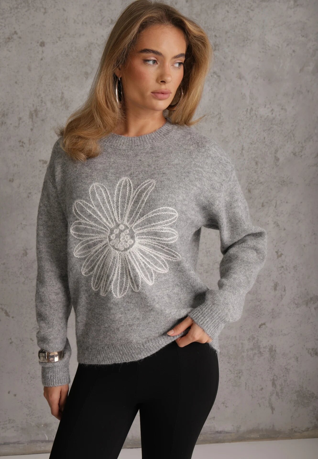 j&x Pulover cu lână bumbac și broderie florală Adetna Gri