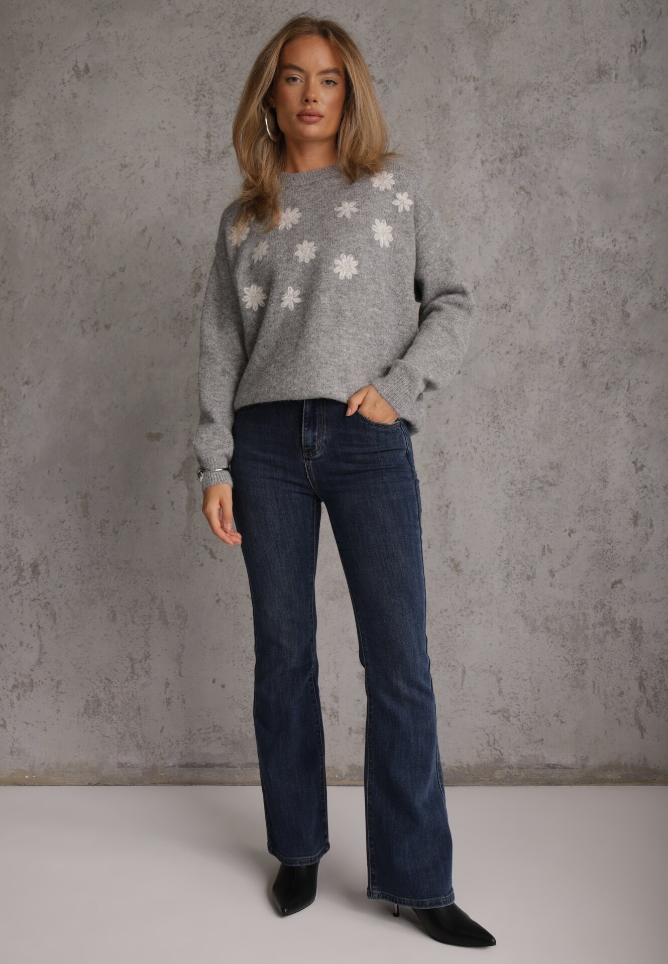 j&x Pulover cu lână bumbac și broderie florală Merisse Gri deschis