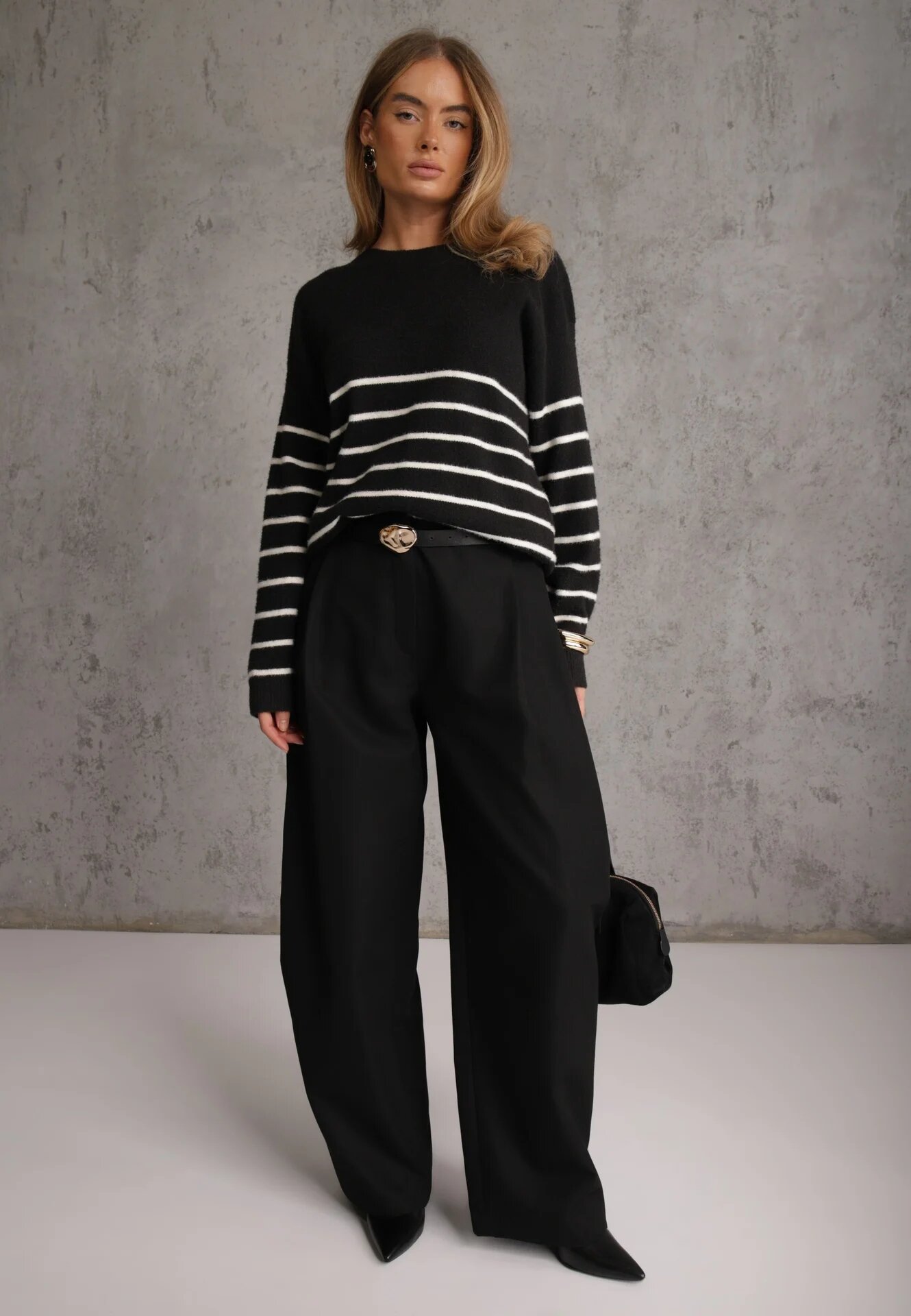 j&x Pulover cu lână în dungi Basic Margela Negru