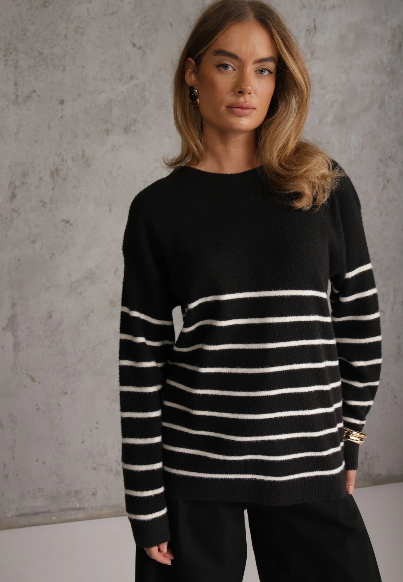 j&x Pulover cu lână în dungi Basic Margela Negru