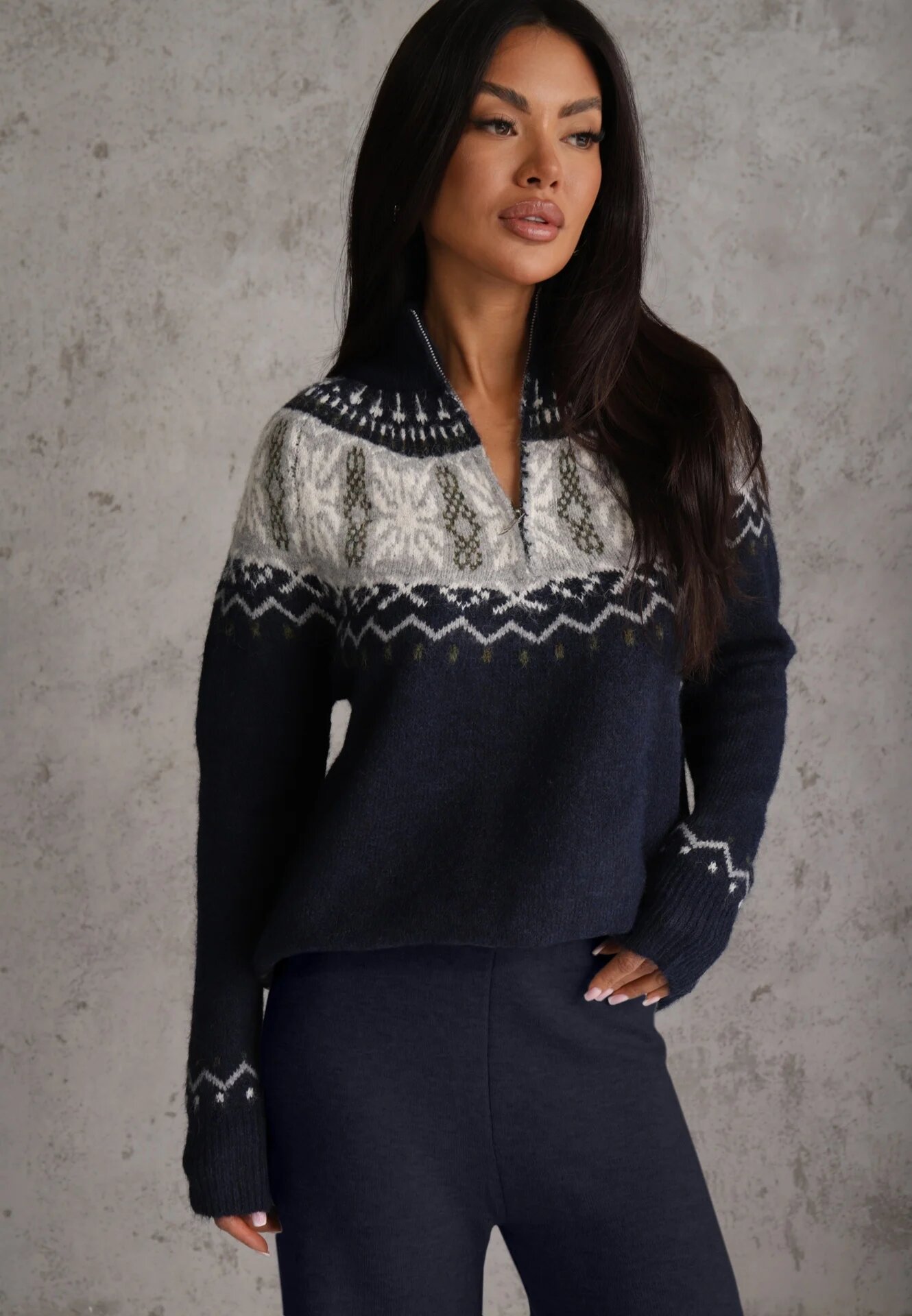 j&x Pulover din lână cu model scandinav și guler scurt cu fermoar Nardia Albastru