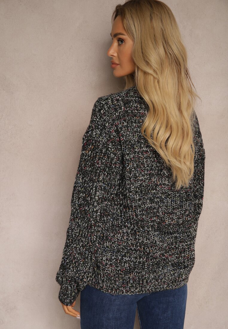 j&x Pulover Negru Casual din Lână cu Cusături Colorate Dezira