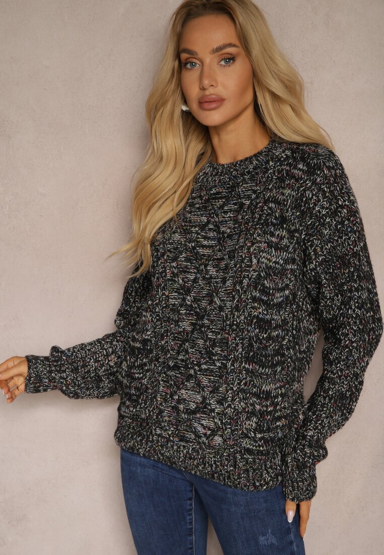 j&x Pulover Negru Casual din Lână cu Cusături Colorate Dezira