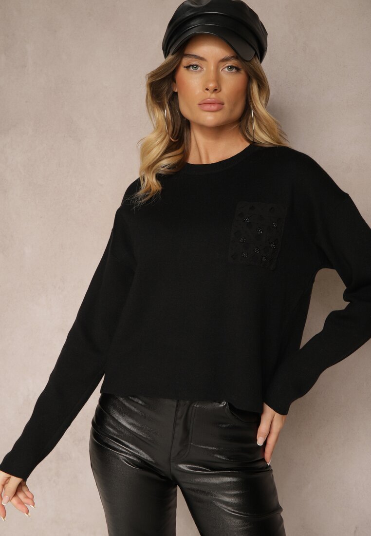 j&x Pulover Negru Croi cutie Decorat cu buzunar cu model Zeanila