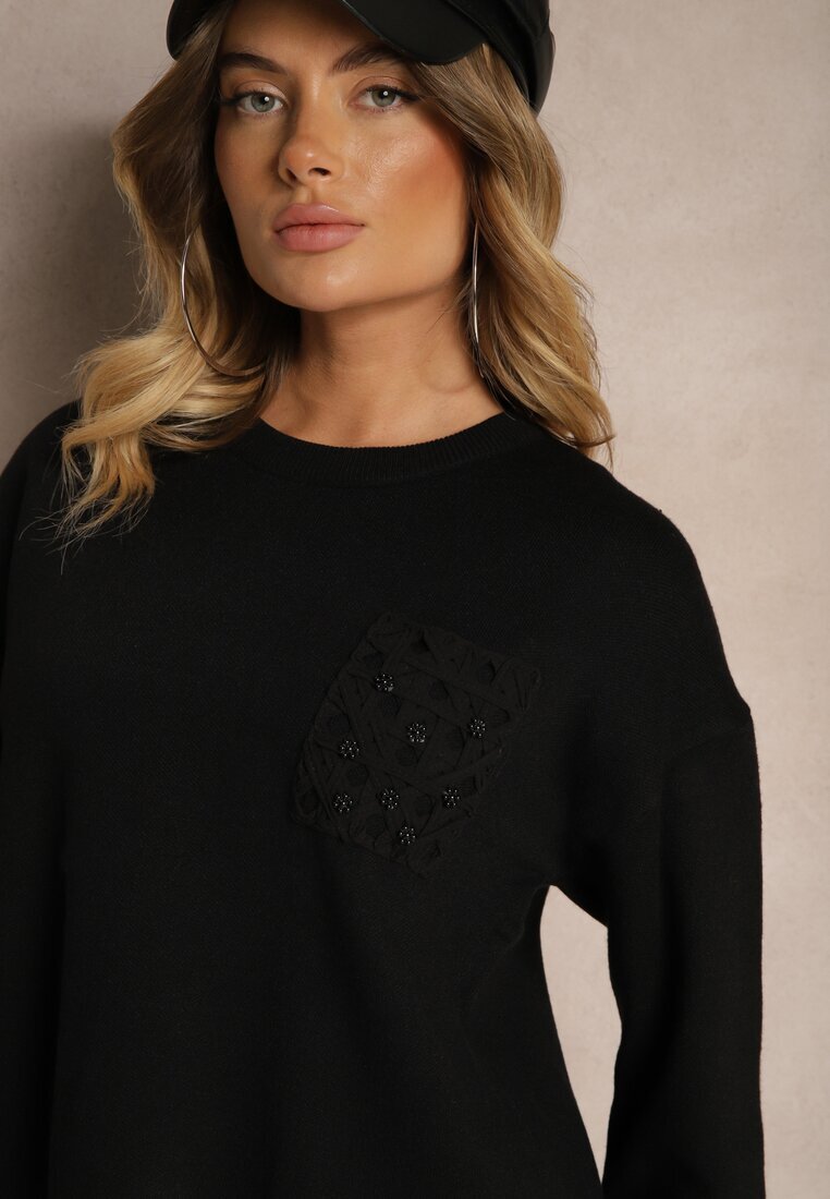 j&x Pulover Negru Croi cutie Decorat cu buzunar cu model Zeanila