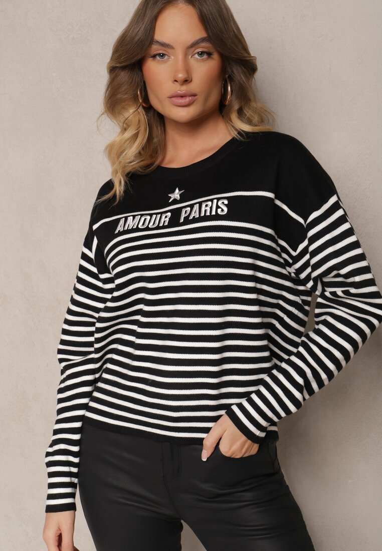 j&x Pulover Negru cu Bumbac Decorat cu Inscripție Brodată și Dungi Zeanika