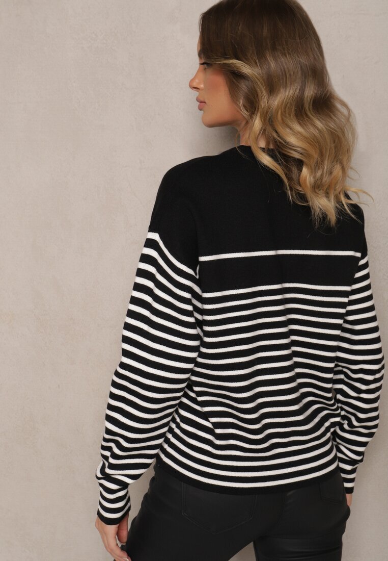 j&x Pulover Negru cu Bumbac Decorat cu Inscripție Brodată și Dungi Zeanika
