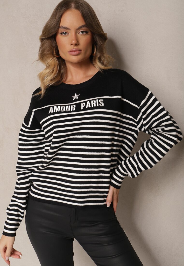 j&x Pulover Negru cu Bumbac Decorat cu Inscripție Brodată și Dungi Zeanika