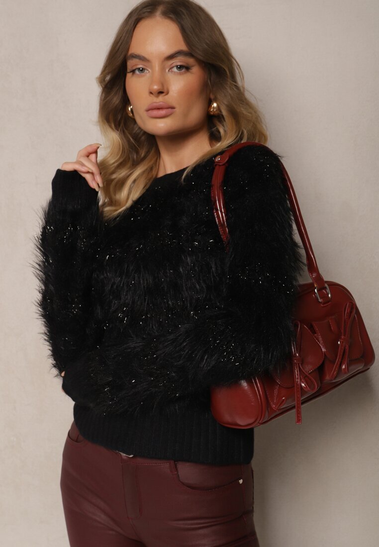 j&x Pulover Negru cu Lână Decorat cu striații și Păr Lung Sialora