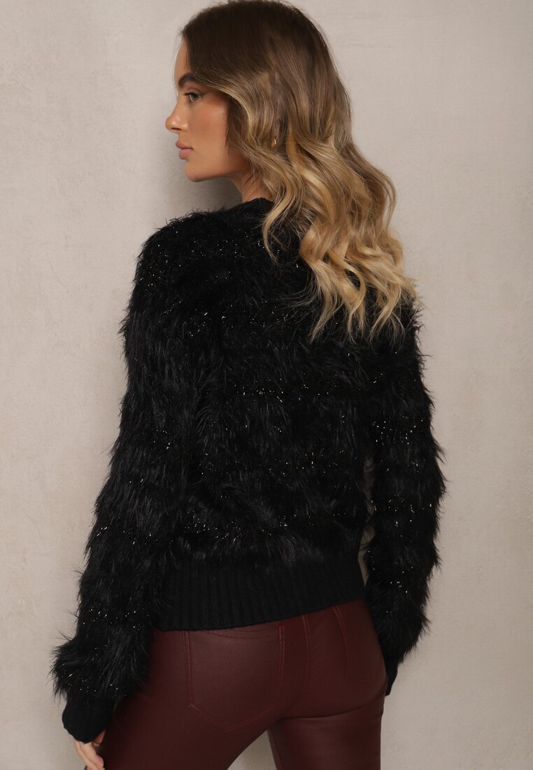 j&x Pulover Negru cu Lână Decorat cu striații și Păr Lung Sialora