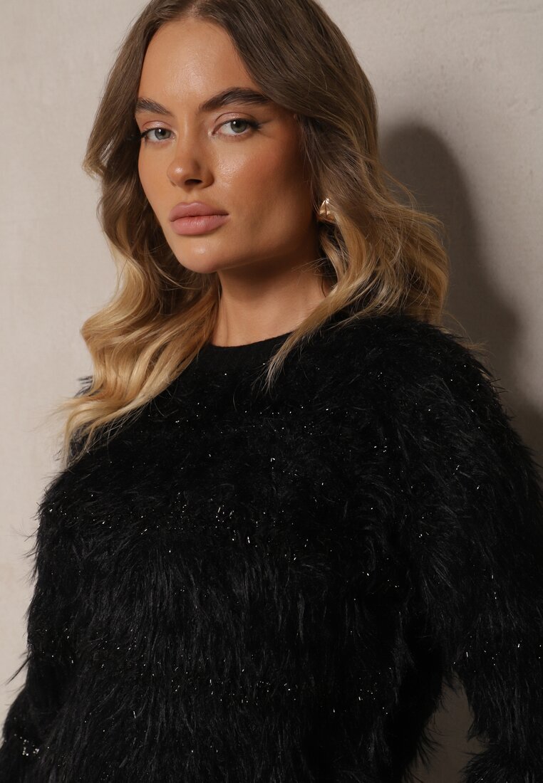 j&x Pulover Negru cu Lână Decorat cu striații și Păr Lung Sialora