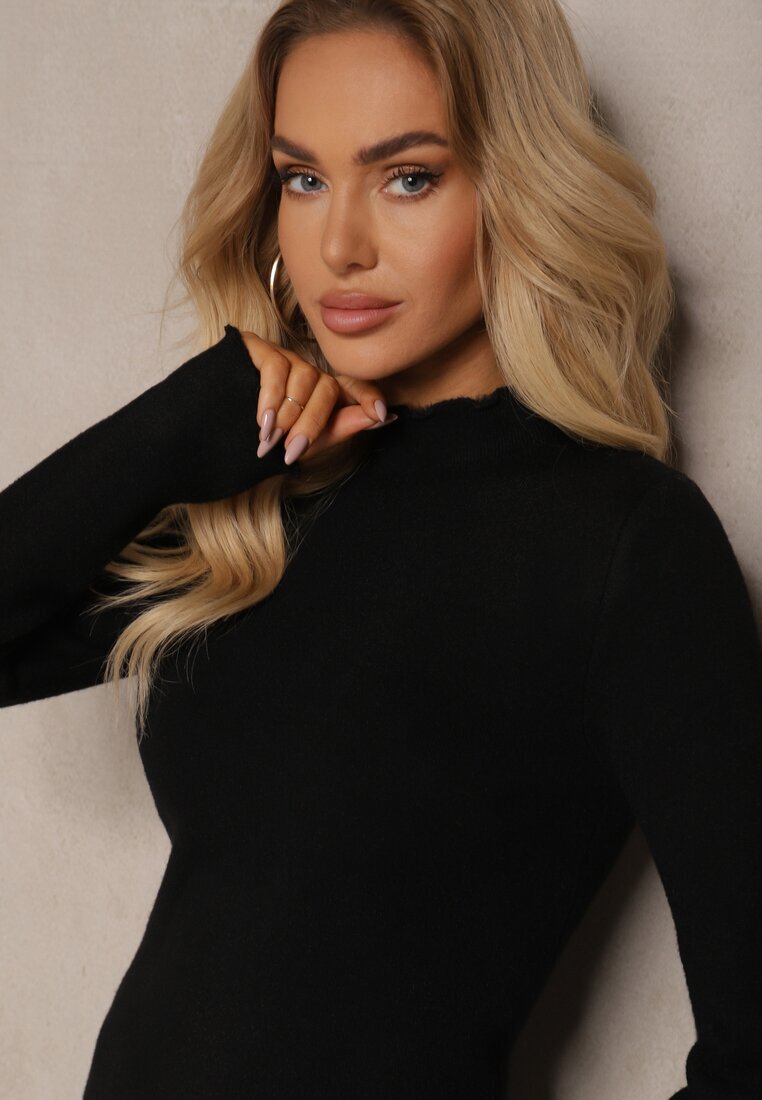 j&x Pulover Negru cu Lână la Decolteu Decorat cu Volan Seatoria