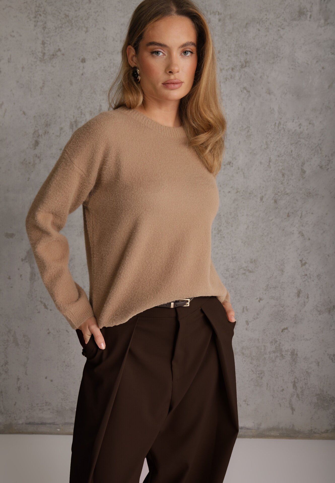 j&x Pulover oversize din bumbac și lână Basic Oseani Bej