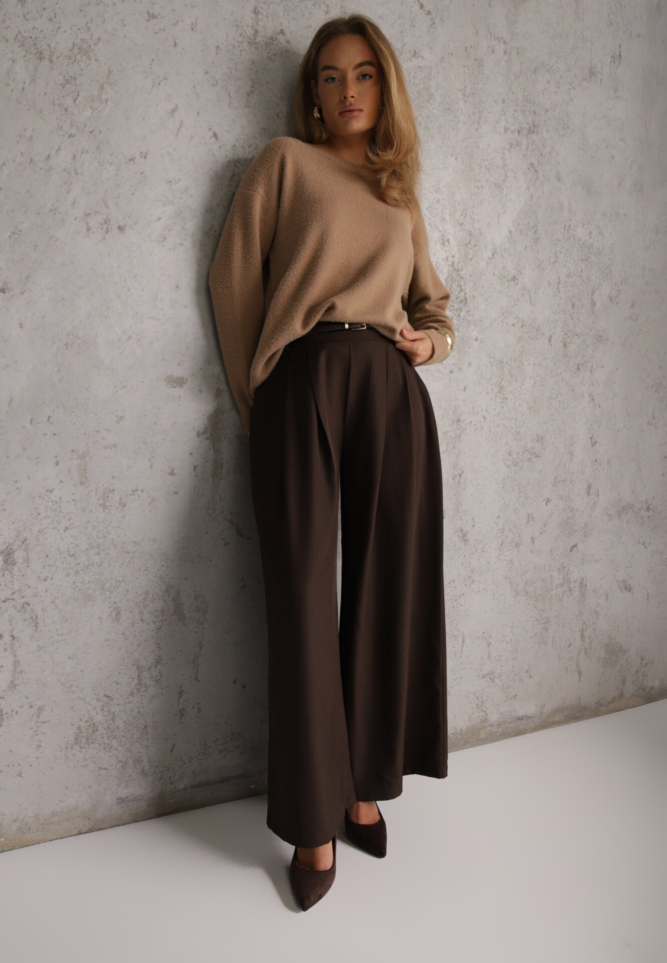 j&x Pulover oversize din bumbac și lână Basic Oseani Bej