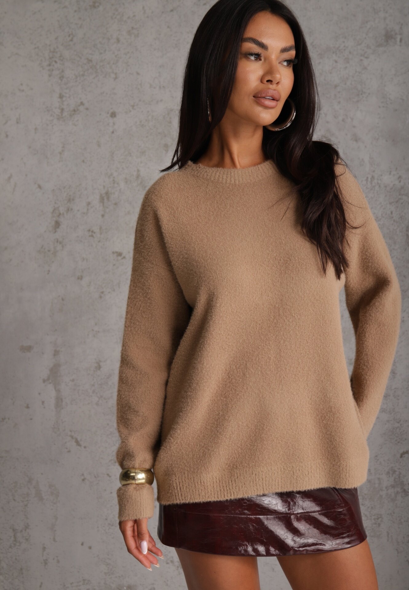 j&x Pulover oversize din bumbac și lână Basic Oseani Bej