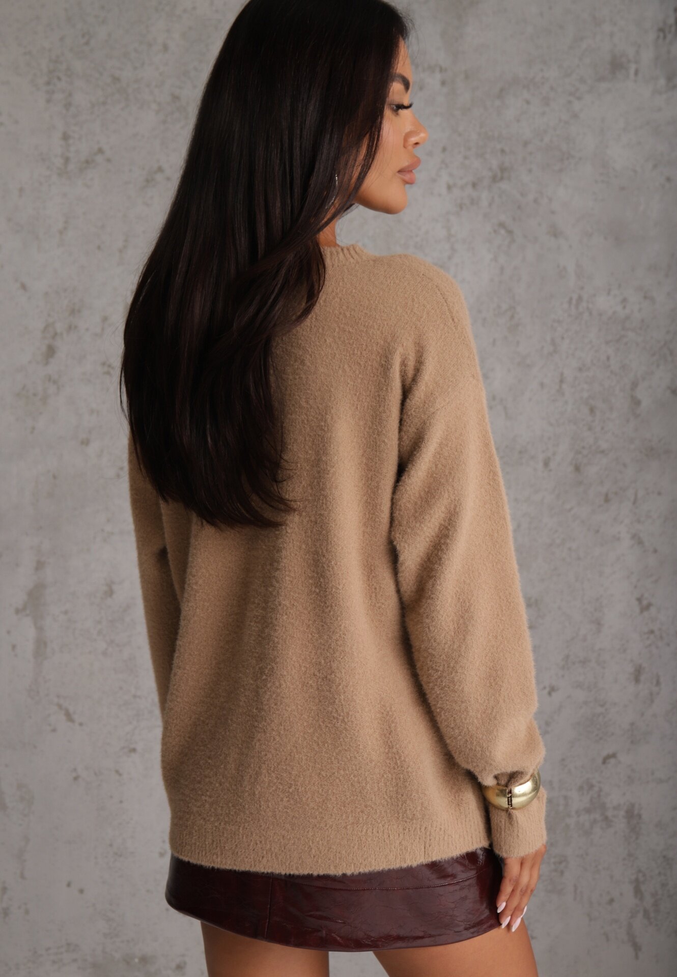j&x Pulover oversize din bumbac și lână Basic Oseani Bej