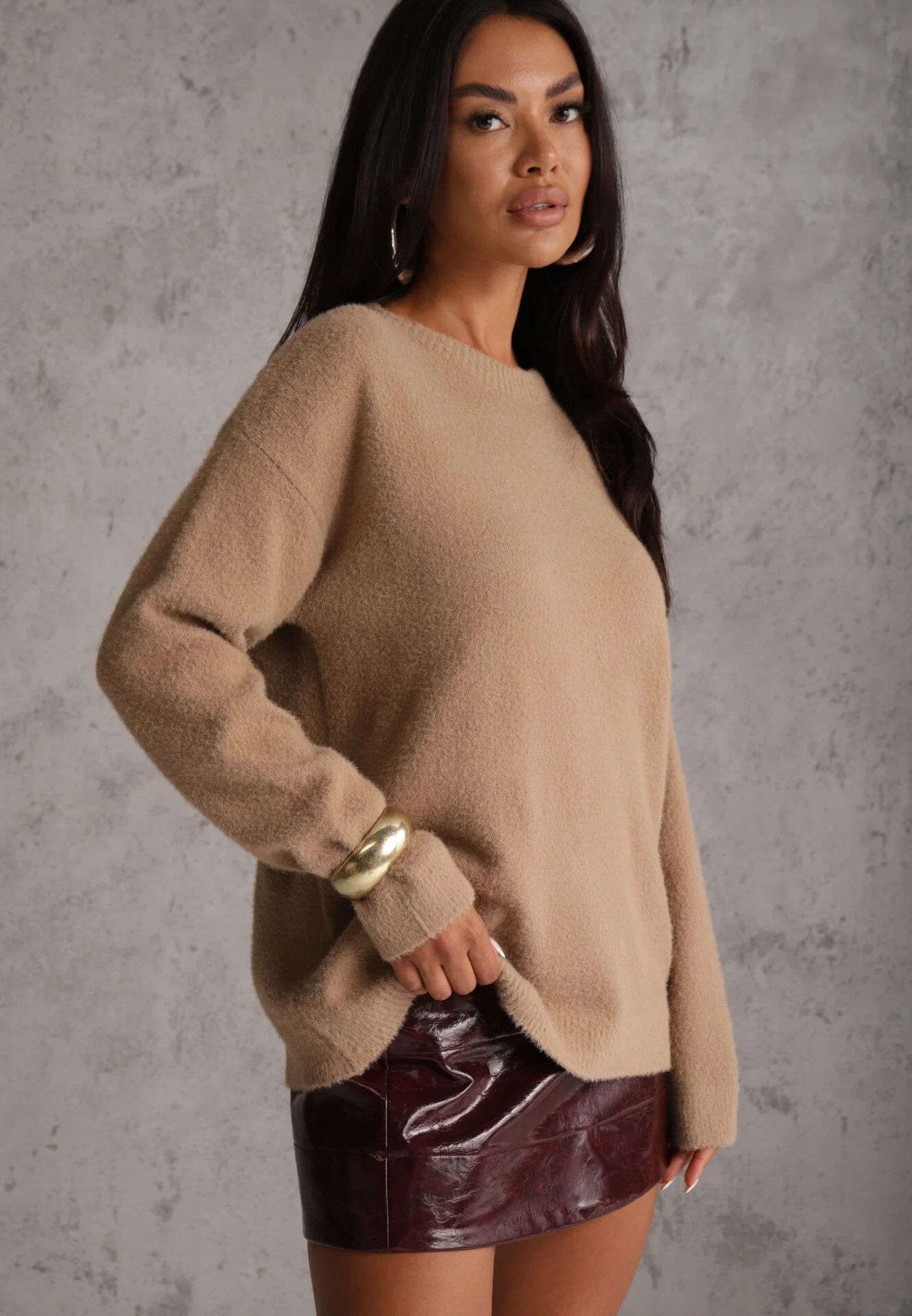 j&x Pulover oversize din bumbac și lână Basic Oseani Bej
