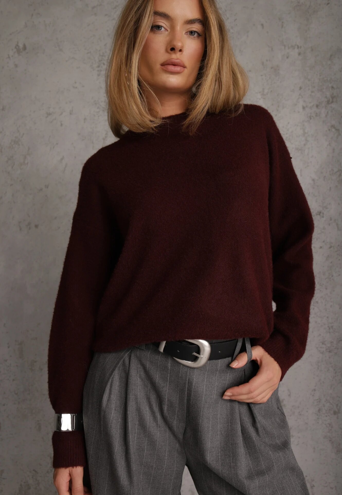 j&x Pulover oversize din bumbac și lână Basic Oseani Bordo