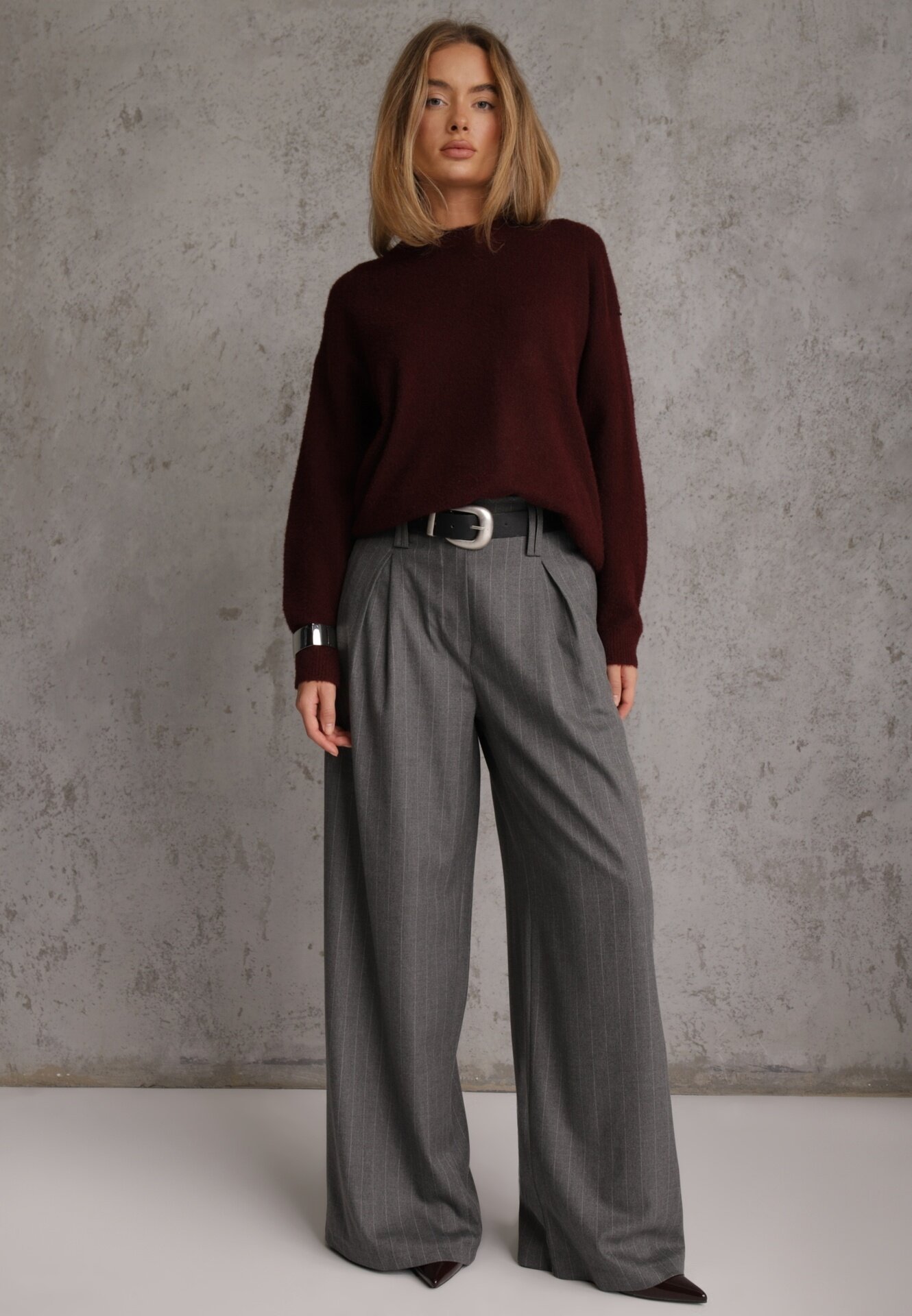 j&x Pulover oversize din bumbac și lână Basic Oseani Bordo