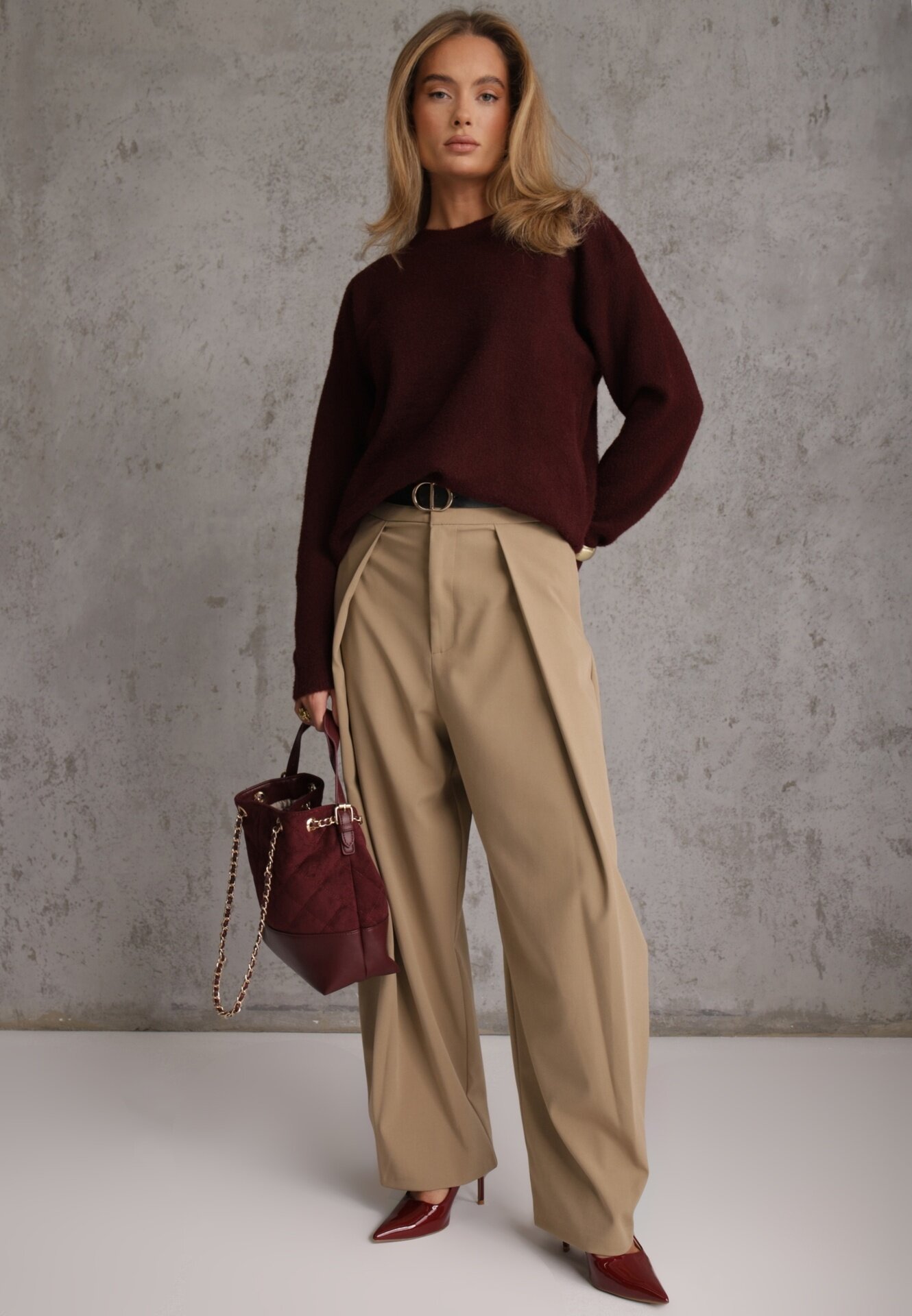j&x Pulover oversize din bumbac și lână Basic Oseani Bordo
