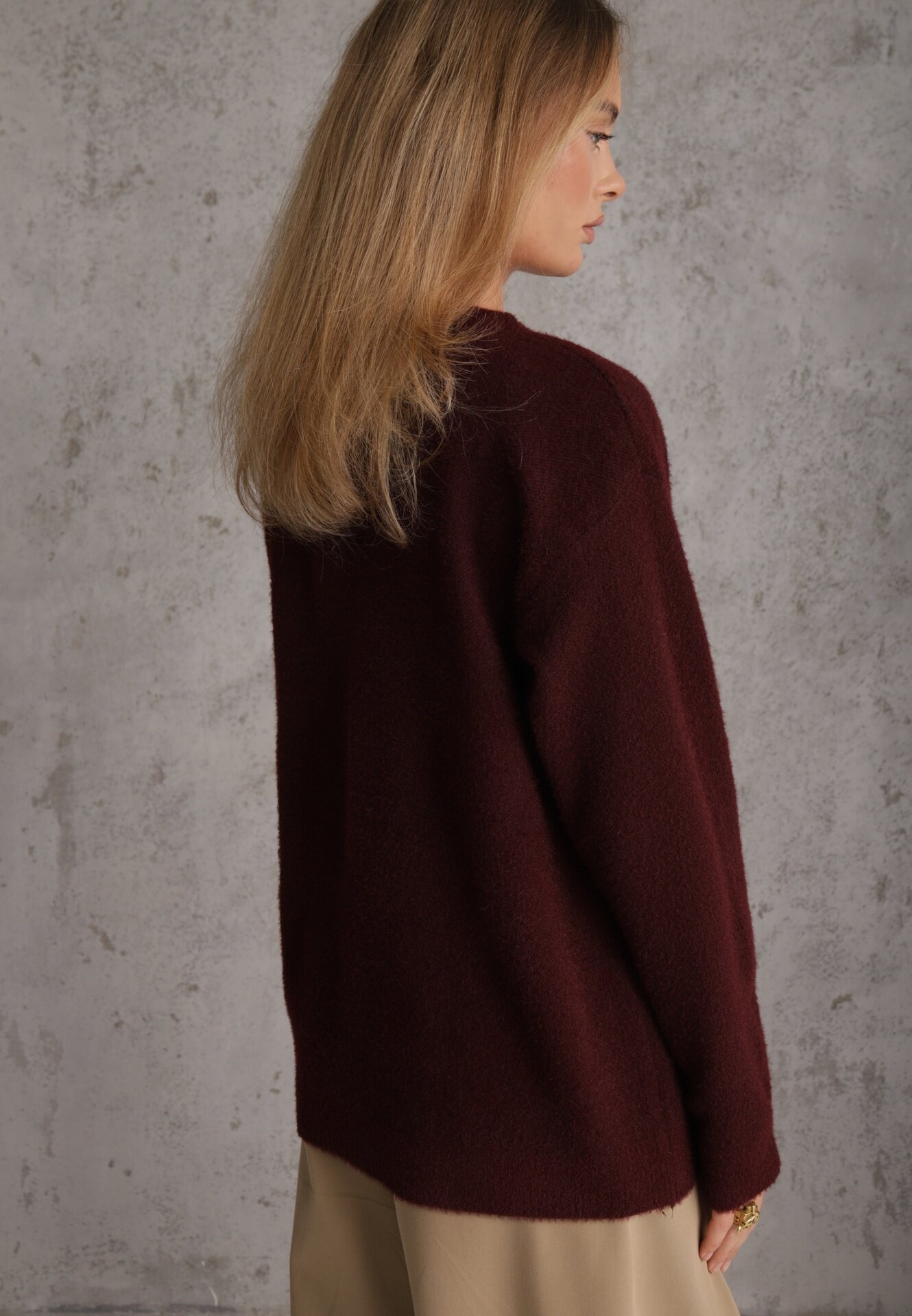 j&x Pulover oversize din bumbac și lână Basic Oseani Bordo