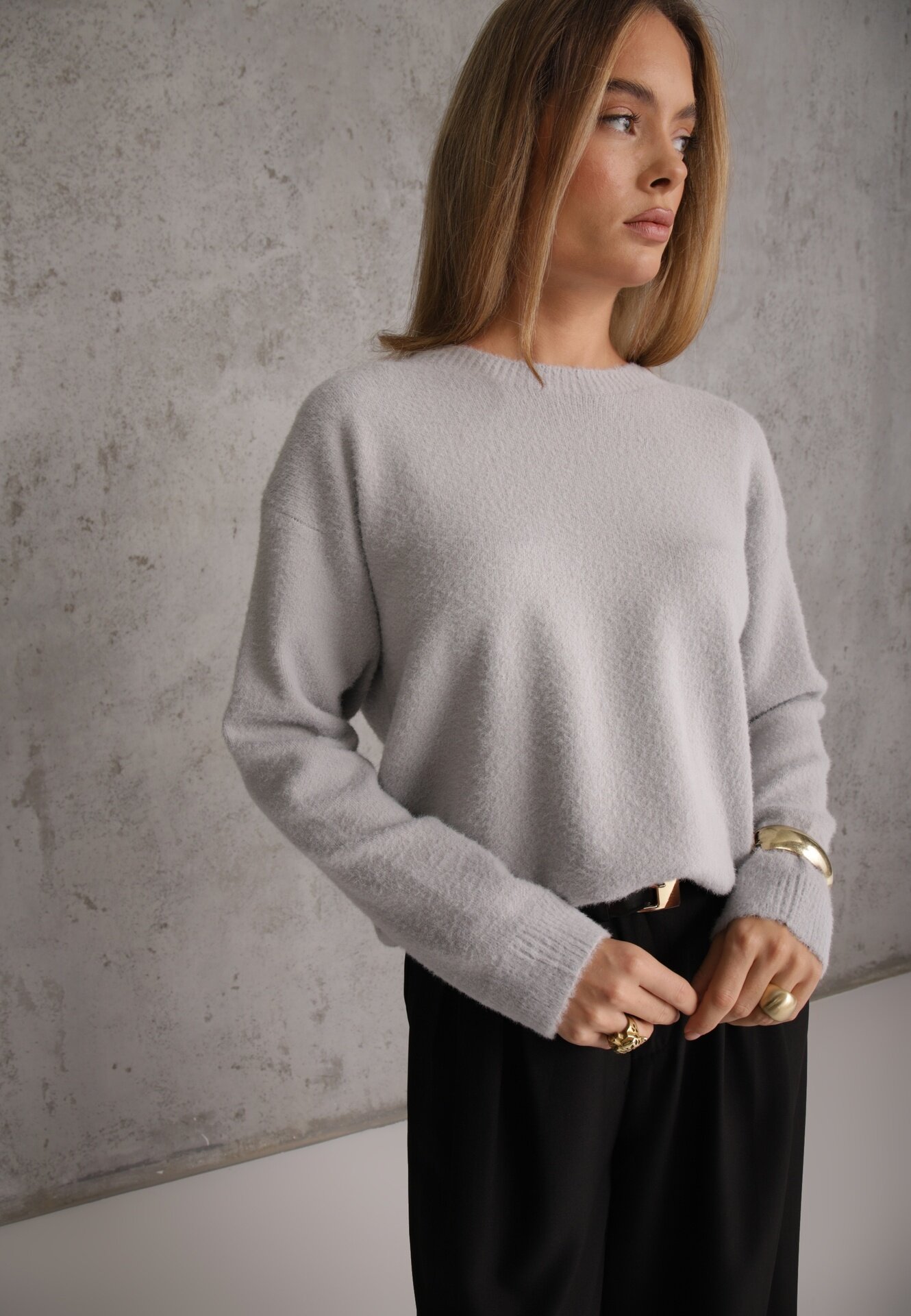 j&x Pulover oversize din bumbac și lână Basic Oseani Gri