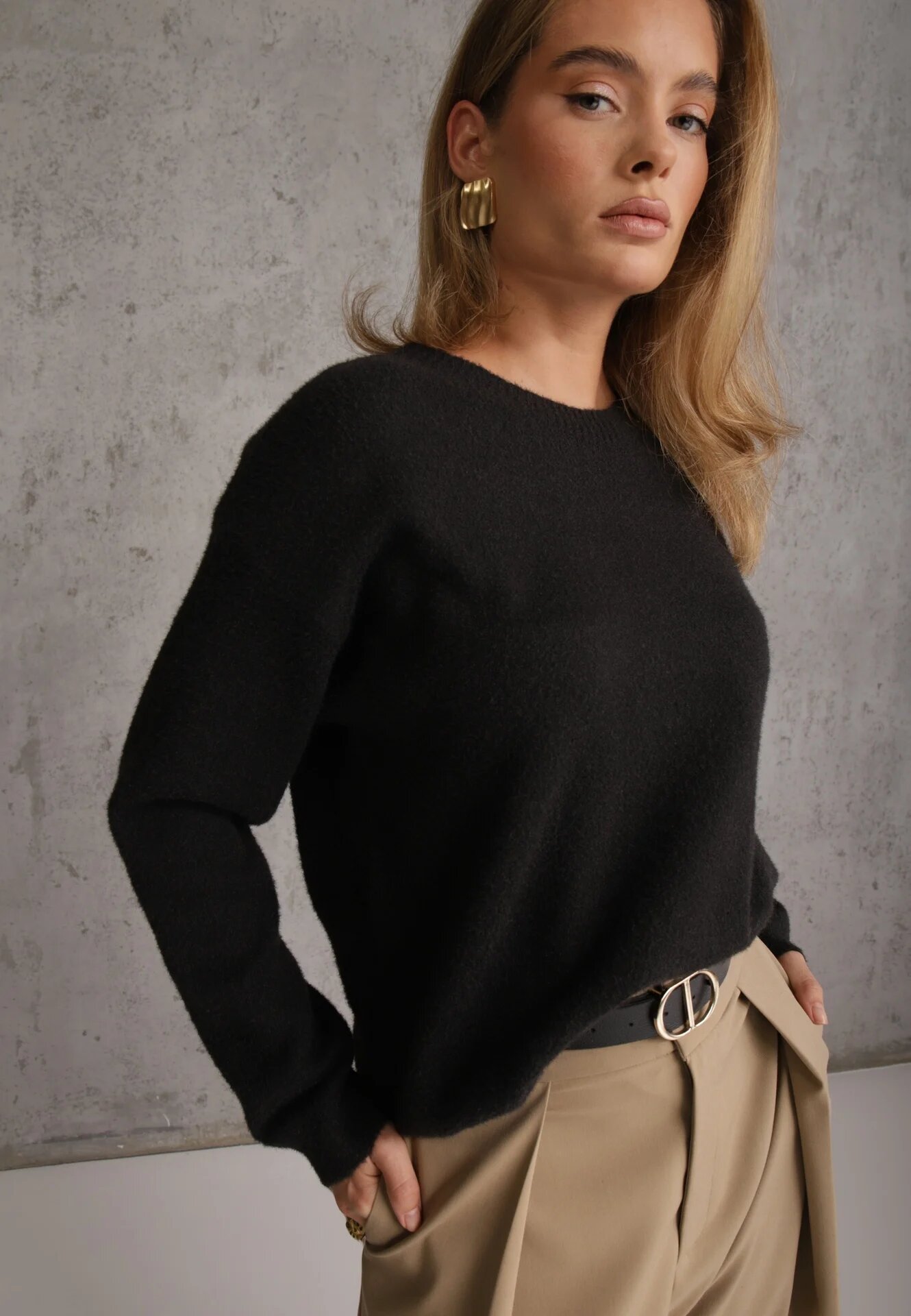j&x Pulover oversize din bumbac și lână Basic Oseani Negru