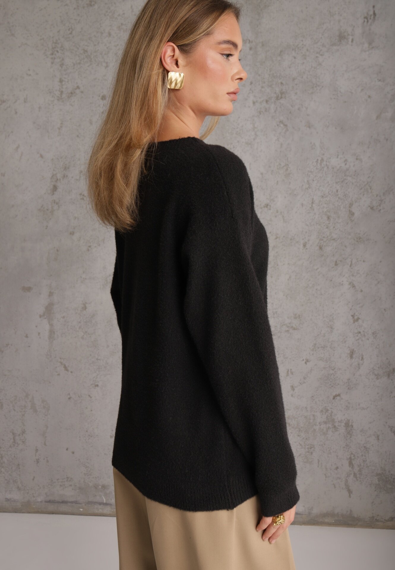 j&x Pulover oversize din bumbac și lână Basic Oseani Negru
