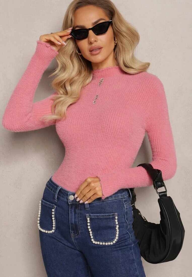 j&x Pulover Roz Pufos de Lână cu Guler semi-înalt și Nasturi Decorativi Zekluna