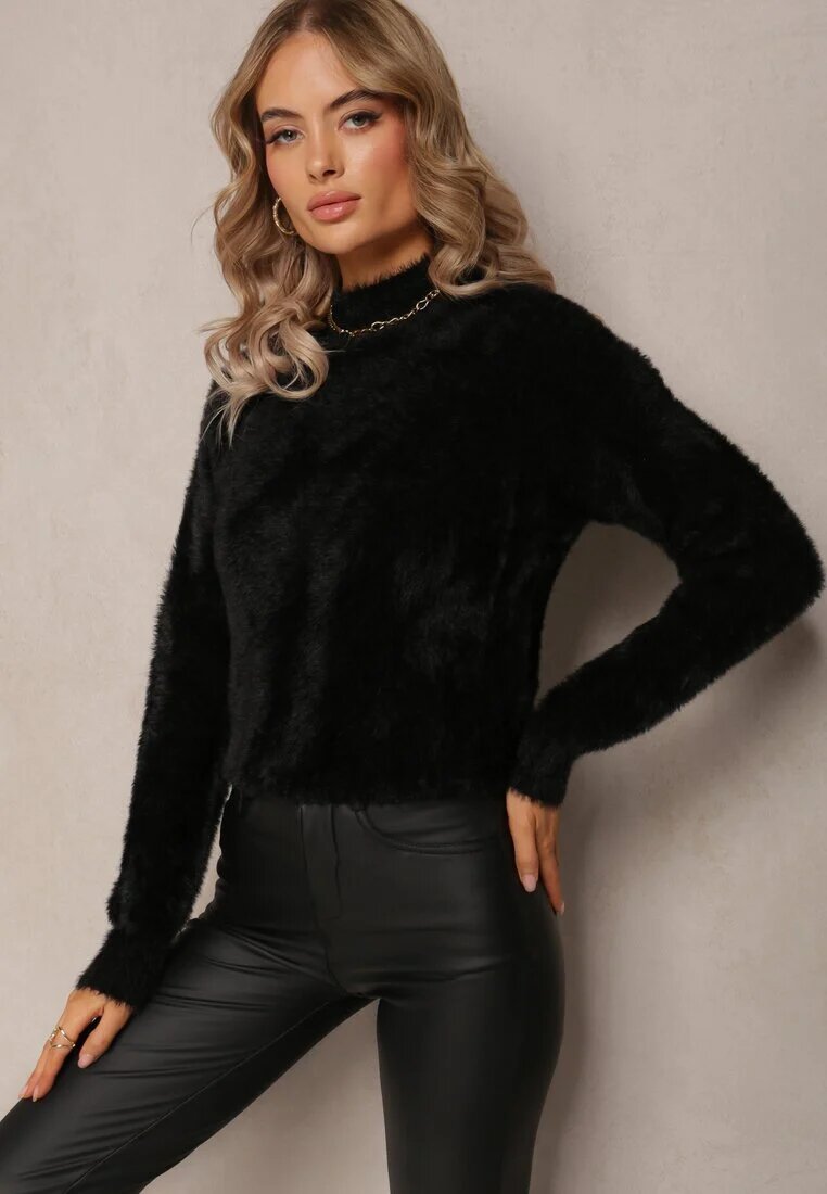 j&x Pulover Tricotat Negru cu fire mai lungi și guler semi-înalt Christiam