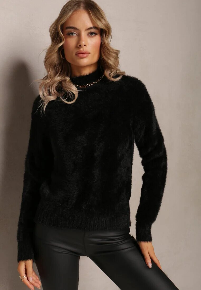 j&x Pulover Tricotat Negru cu fire mai lungi și guler semi-înalt Christiam