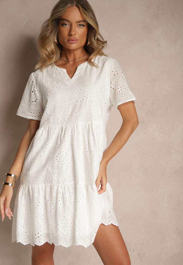 j&x Rochie Ajurată Albă din Bumbac cu Broderii Lumivienne
