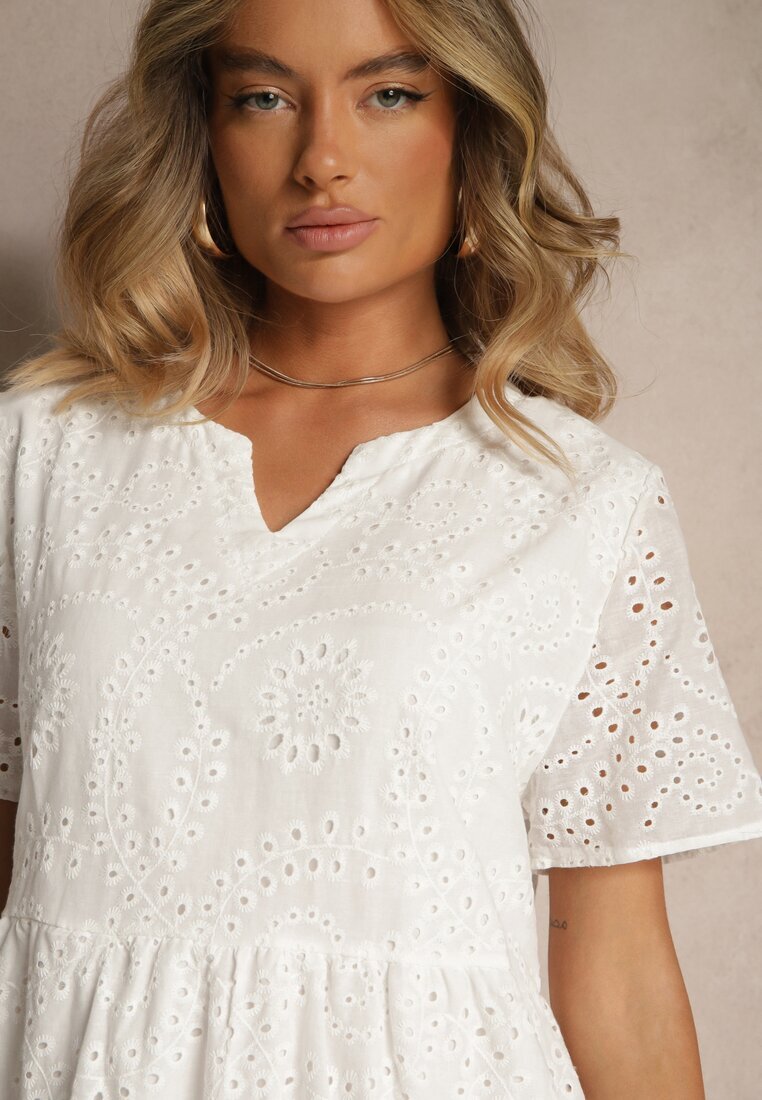 j&x Rochie Ajurată Albă din Bumbac cu Broderii Lumivienne