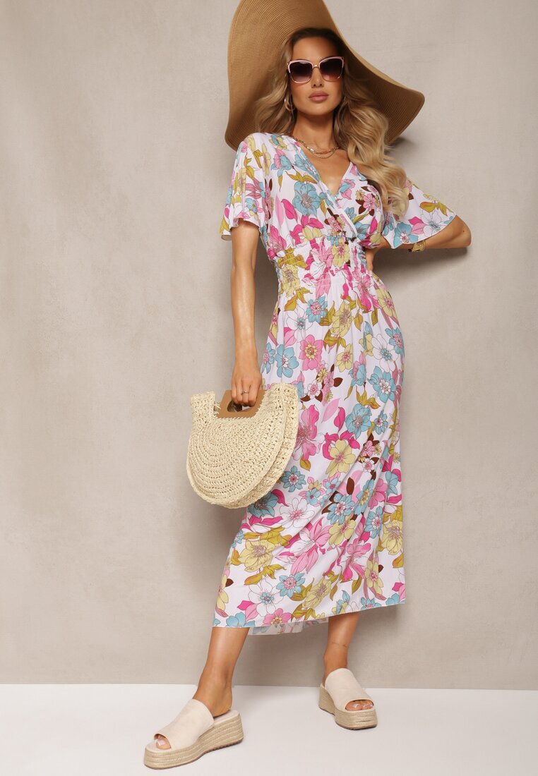 j&x Rochie Alb-Roz cu elastic în talie cu decolteu triunghiular cu imprimeu floral Nellvia