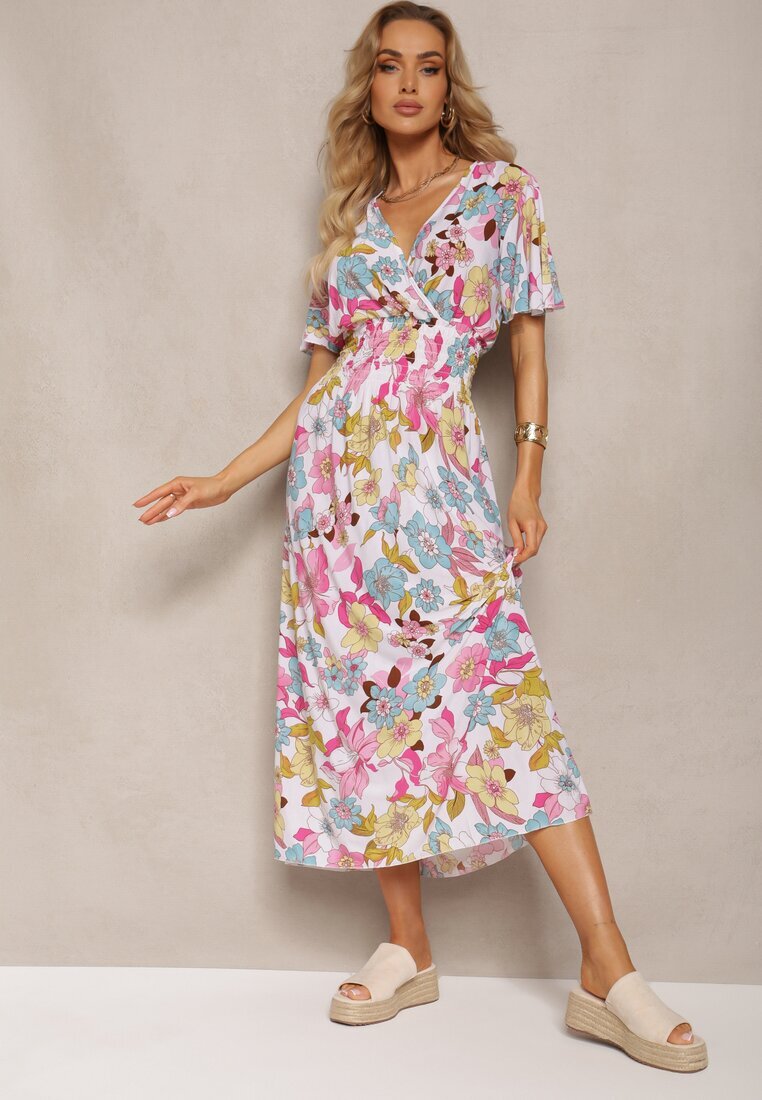 j&x Rochie Alb-Roz cu elastic în talie cu decolteu triunghiular cu imprimeu floral Nellvia