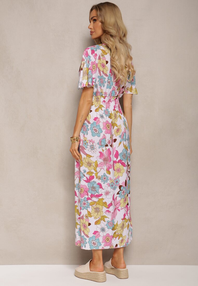 j&x Rochie Alb-Roz cu elastic în talie cu decolteu triunghiular cu imprimeu floral Nellvia