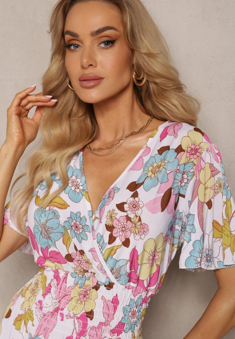 j&x Rochie Alb-Roz cu elastic în talie cu decolteu triunghiular cu imprimeu floral Nellvia