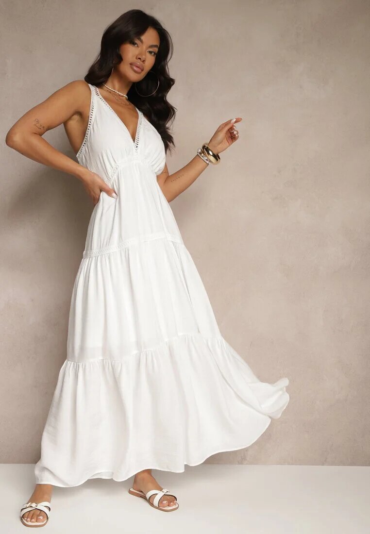 j&x Rochie Albă cu Vâscoză Decorată cu Motiv Croșetat Mevelta