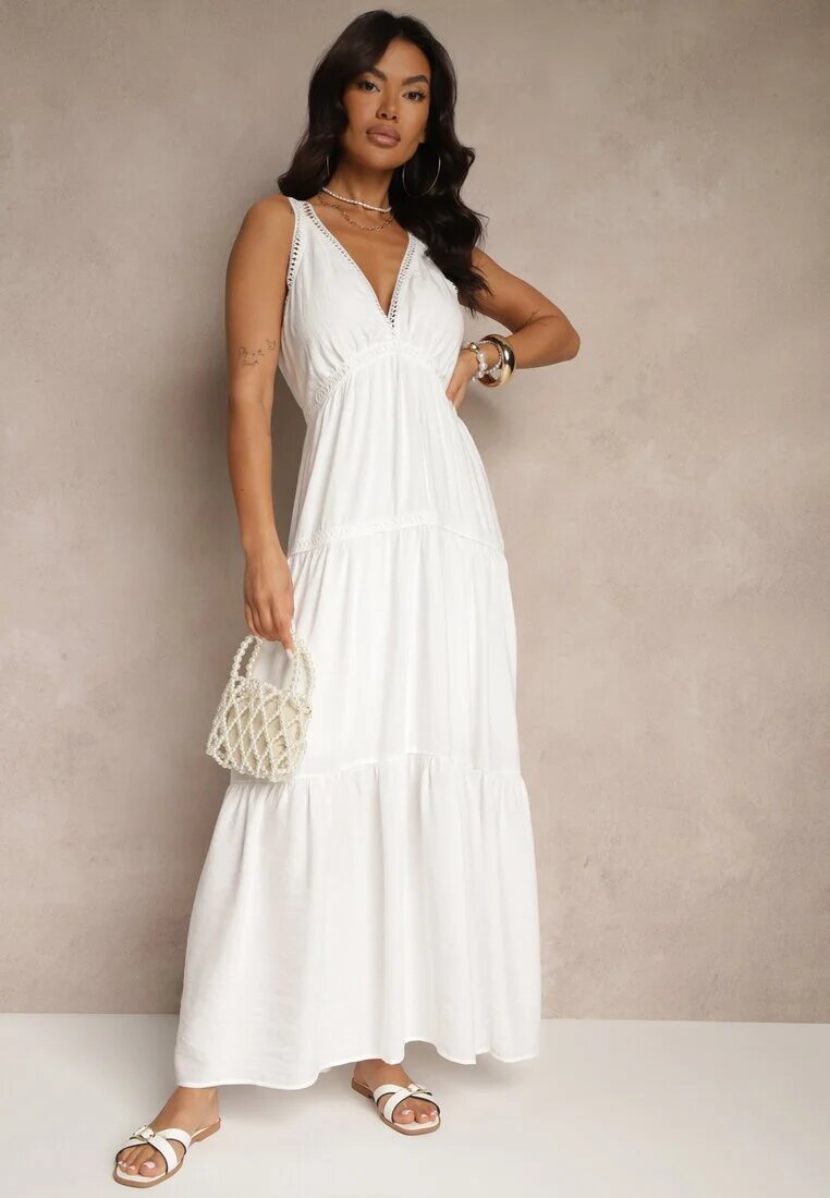j&x Rochie Albă cu Vâscoză Decorată cu Motiv Croșetat Mevelta